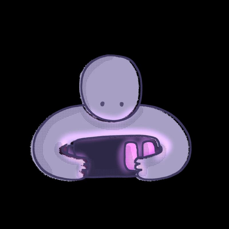 Illustration of a rounded figure hunched over a glowing screen in the dark