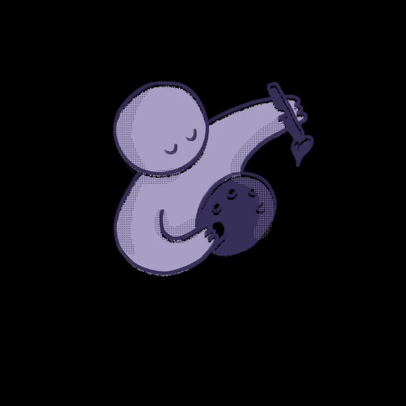 Illustration of a rounded figure with its eyes closed, holding a palette and a brush