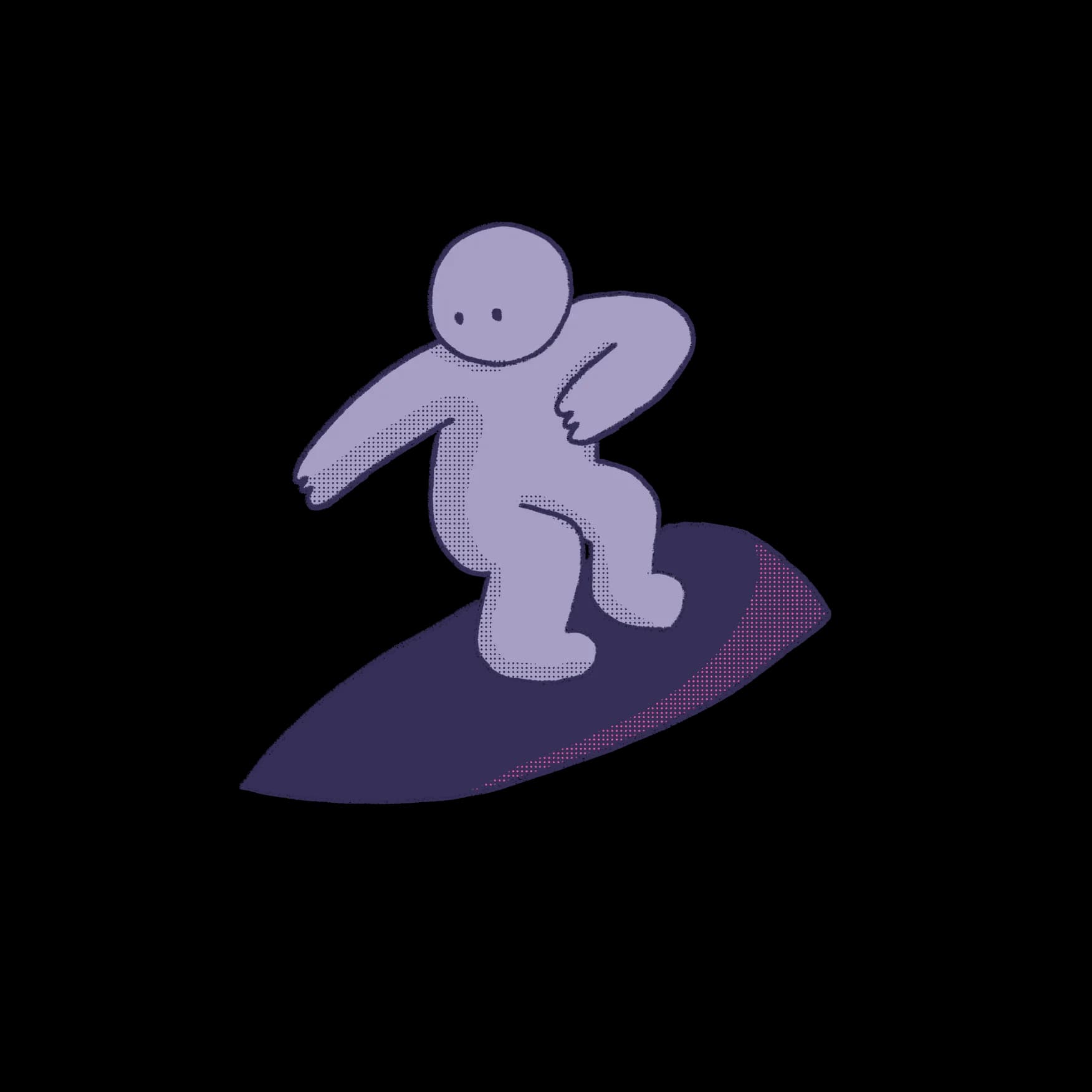 Illustration of a rounded figure riding a surfboard, arms out for balance