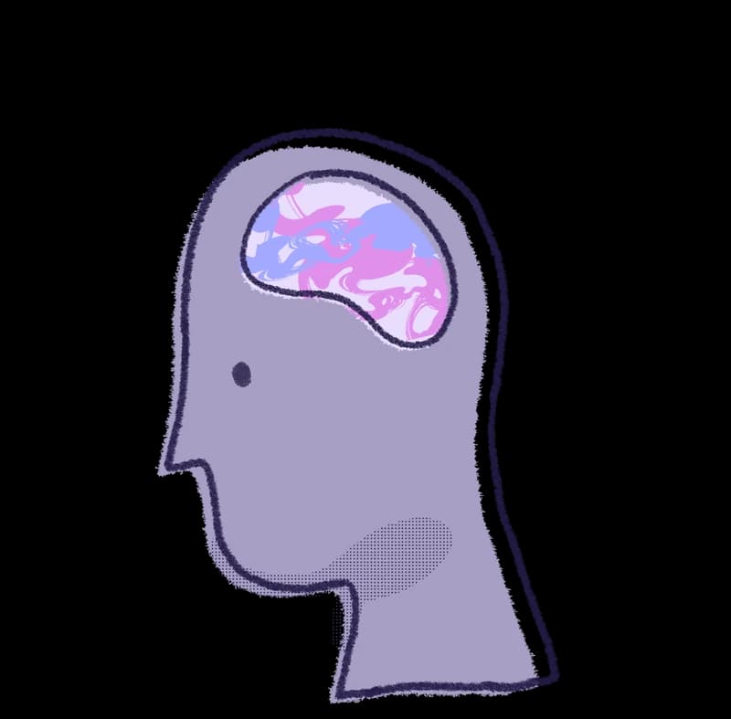 Illustration of a head in profile, the brain drawn as swirling pink and violet marbling